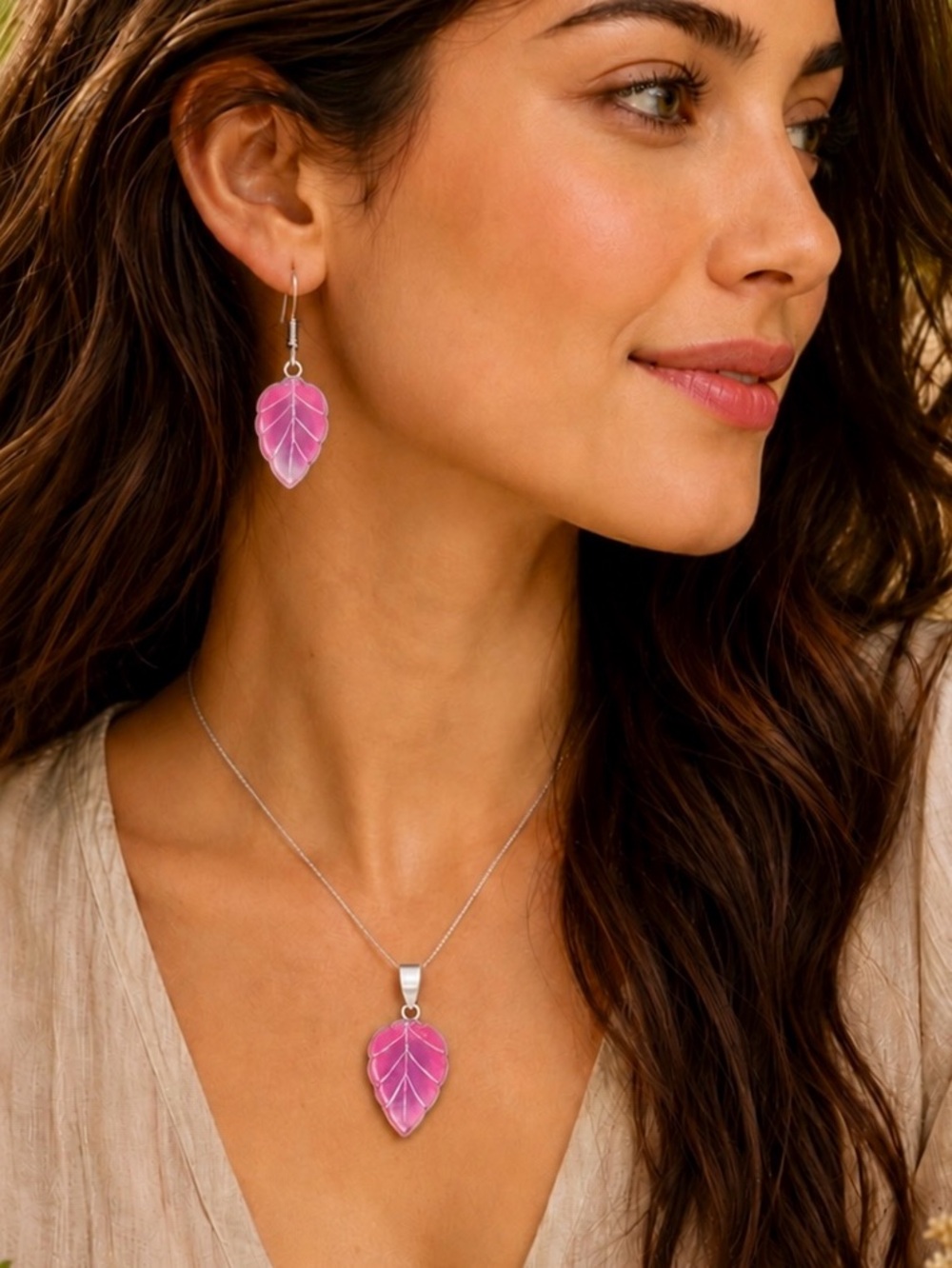 Pink Botswana Agate Carved Leaf Gemstone Pendant+Earring Set - Picture 2 of 4